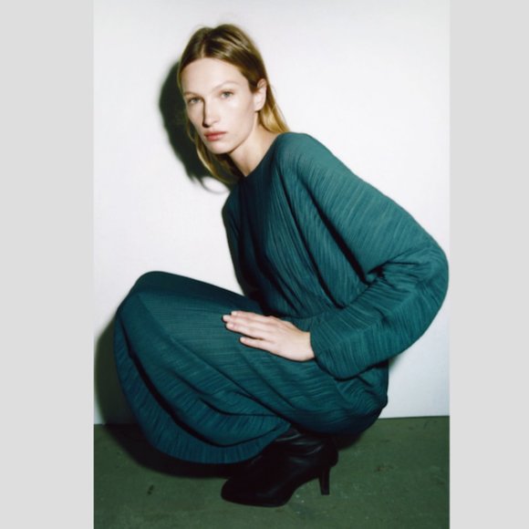 Zara Pleated Midi Dress Teal Sz Medium NWT - Picture 4 of 9